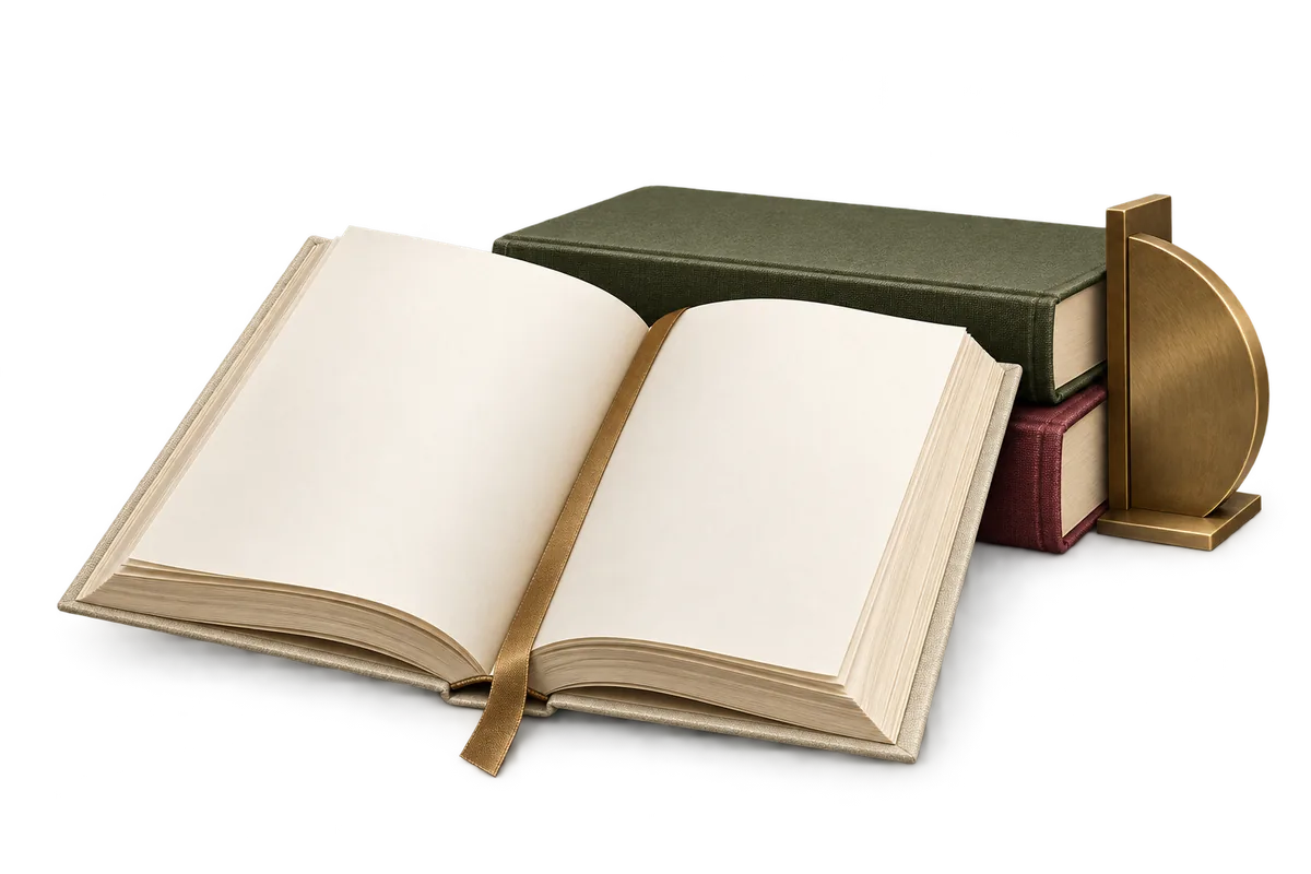 A scholarly arrangement of open and clothbound books